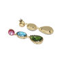 A pair of stud earrings featuring glass gems in pink, green and blue jewel tones.